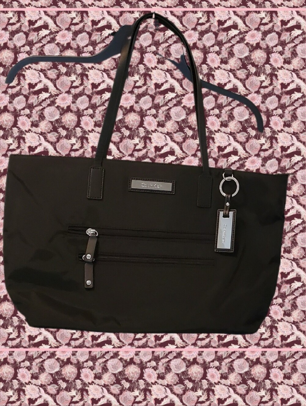 NEW large Calvin Klein Black Nylon Tote with Front Zip Pockets Nw/oT